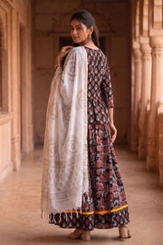 Brown Hand Block Printed Chaniya Choli with Kota Doria Dupatta 10066313