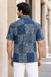 Blue Half Sleeve Ajrakh Printed Cotton Mens Shirt 10072713