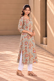 Mint Green Hand Block Printed Cotton Kurta 10077682