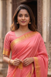 Blush Pink Monotone Mysore Crepe Silk Saree With Floral Border 10043578