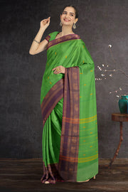 Bamboo Green Chettinad Cotton Saree with Peacock Zari Border 10075913