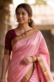 Petal Pink Mysore Crepe Silk Saree With Zari Border 10076668
