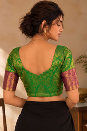 Peacock Fern Green Kanjivaram Silk Blouse With Floral Motifs and Floral Border 10076635