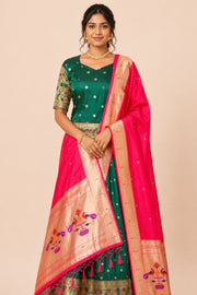 Dark Green Handcrafted Paithani Lehenga - 10065963