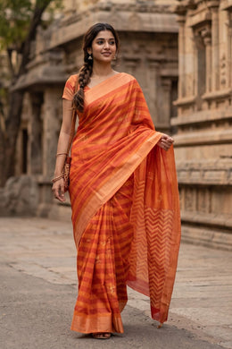 Red Hand Block Printed Chanderi Saree 10030037