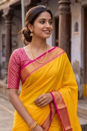 Yellow Mysore Crepe Silk Saree With Pink Border 10043564