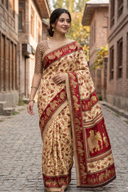 Beige and Red Kani Printed Silk Saree 10077874