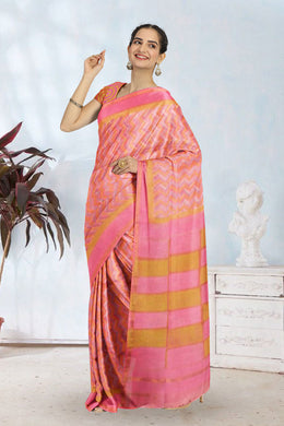 Pink Hand Block Printed Chanderi Saree 10049153