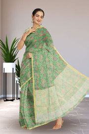 Green Chanderi Printed Silk Cotton Saree 10075366