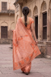 Peach Orange Chikankari Embroided Organza Saree 10078114