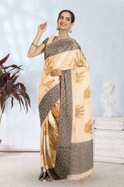 Beige Hand Block Printed Chanderi Saree 10049151
