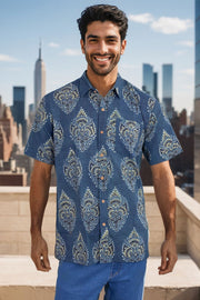 Blue Half Sleeve Ajrakh Printed Cotton Mens Shirt 10072987