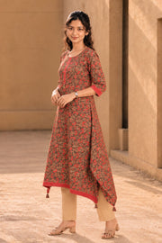 Brown Hand Block Printed Cotton Kurta 10077677