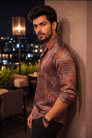 Brown Full Sleeve Jahota Print Modal Silk Mens Shirt 10074379