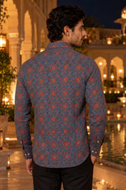 Blue Ajrakh Printed Vegan Modal Silk Mens Shirt 10078095