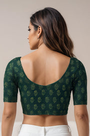 Green Flower Motif Indigo Hand Block Print Cotton Blouse 10074582