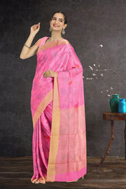 Pink Parrot Motifs Chanderi Printed Silk Cotton Saree 10075926