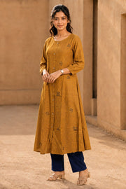 Ochre Yellow Hand Embroidered Cotton Kurta 10077644