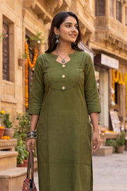 Green Handcrafted Slub Cotton Kurta 10077432