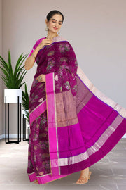 Magenta Chanderi Printed Silk Cotton Saree 10075362
