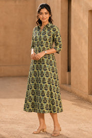 Green Hand Block Printed Cotton Dress 10077645