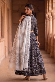 Black Hand Block Printed Cotton Chaniya Choli With Kota Doria Dupatta 10066319