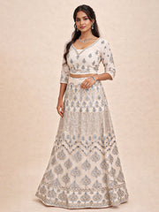 Cream Net Silk Embroidered Lehenga 10076880