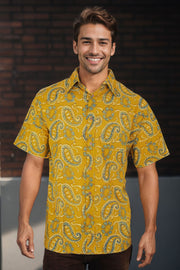 Yellow Half Sleeve Ajrakh Printed Cotton Mens Shirt 10071088
