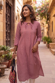 Dusty Pink Handcrafted Slub Cotton Kurta 10077431