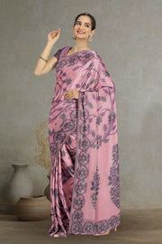 Pink Handloom Jamdani Linen Saree 10074665