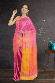 Pink Parrot Motifs Chanderi Printed Silk Cotton Saree 10075925