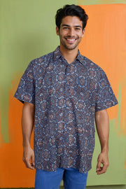 Blue Half Sleeve Ajrakh Printed Cotton Mens Shirt 10071095