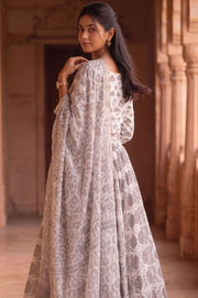 Mist Grey Hand Block Printed Cotton Chaniya Choli With Kota Doria Dupatta 10066312