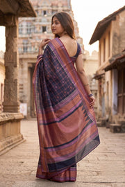 Navy Blue Threadwork Handloom Kanjivaram Silk Saree 10067869
