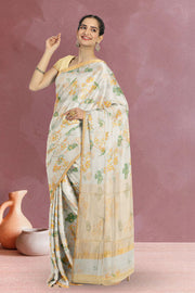 Cream Parrot Motifs Chanderi Printed Silk Cotton Saree 10075924