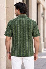 Green Indigo Hand block Print Cotton Mens Half Sleeve Shirt 10076848