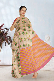 Off White Printed Chanderi Saree 10064678