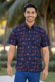 Blue Half Sleeve Jahota Printed Cotton Mens Shirt 10074318