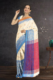 Cream Bengal Handwoven Jamdani Style Cotton Saree 10075345