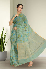 Blue Chanderi Printed Silk Cotton Saree 10075360