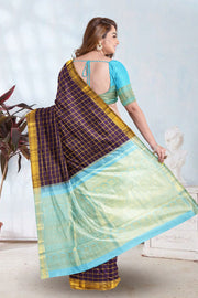 Dark Brown Kanjivaram Silk Saree with Checks Design 10075532