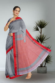Grey Shantipur Tant Bengal Cotton Saree 10074964