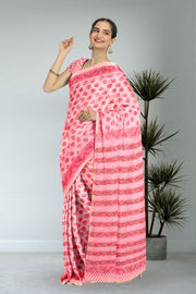 Pink Sanganeri Printed Silk Cotton Saree 10075716