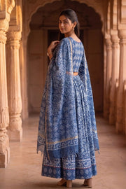 Blue Hand Block Printed Cotton Chaniya Choli With Kota Doria Dupatta 10066326