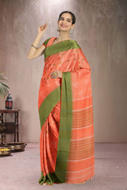 Orange Hand Block Printed Chanderi Saree 10036357