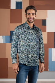 Green Full Sleeve Jahota Print Modal Silk Mens Shirt 10074376