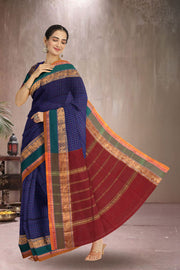 Blue Handloom Chettinad Cotton Saree Without Blouse 10075066