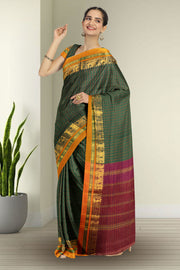Jungle Green Thousand Buttas Chettinad Cotton Saree With Peacock Border 10076561
