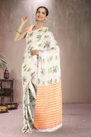 White Printed Chanderi Saree 10064679