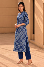 Blue Hand Block Printed Cotton Kurta 10077672
